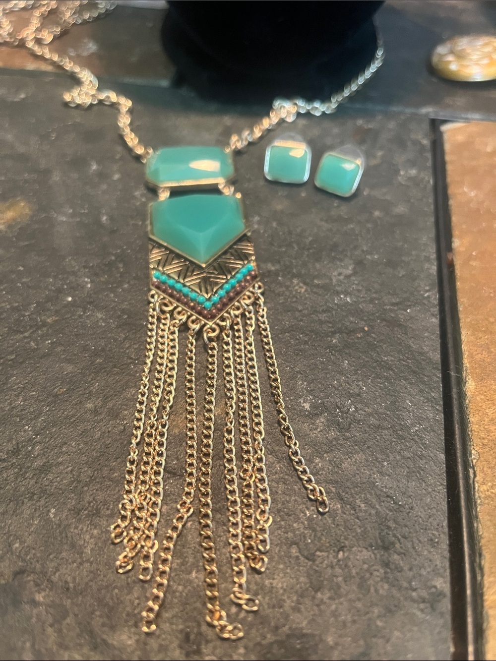 Gold Chain Necklace with Turquoise Geometric Pendant & Matching Earrings - Picture 7 of 7